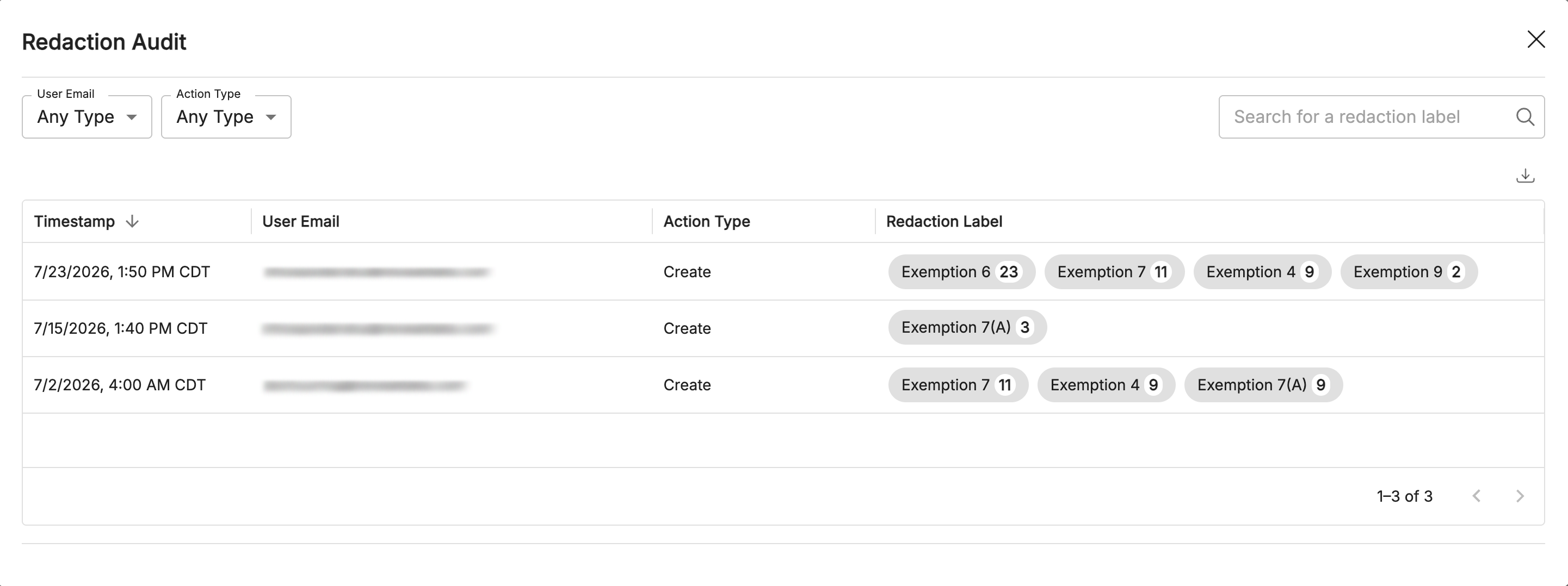 Audit log displaying user actions and redaction labels for document management.